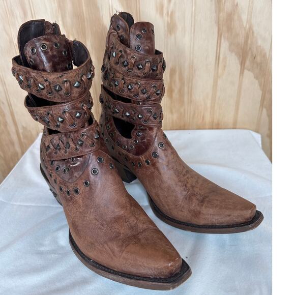 Lane Studded Leather Ankle Boots 9.5 Brown Western Cowgirl Strappy Booties - Picture 2 of 8